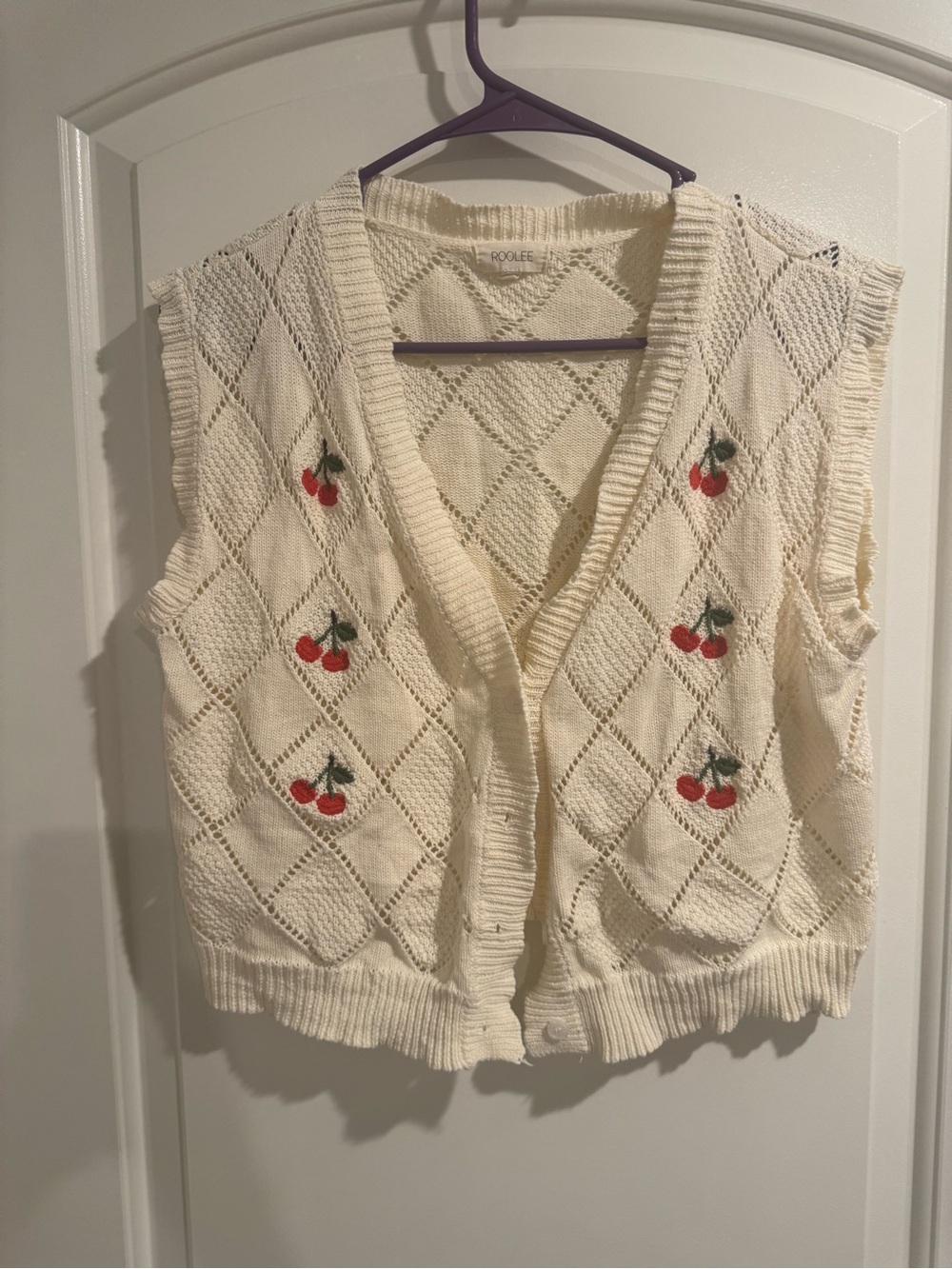Roolee Cream Knit Vest with Red Cherry Embroidery